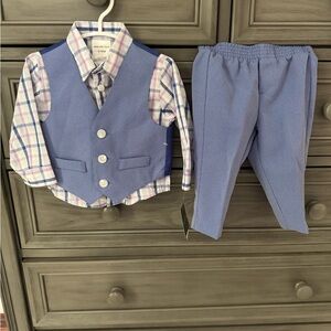 Blue Vest and Pants Set with Plaid Shirt